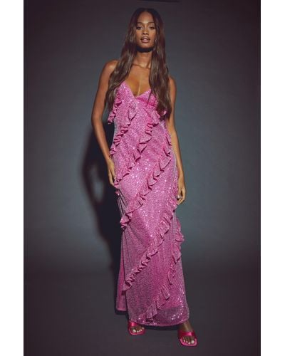 Boohoo Sequin Ruffle Maxi Dress - Pink