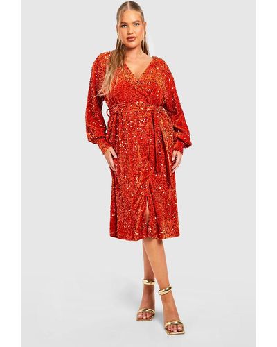 Boohoo Plus Velvet Sequin Wrap Midi Dress - Red
