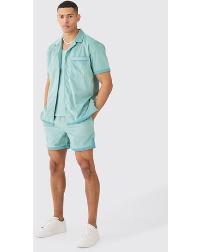 BoohooMAN Suede Oversized Shirt And Short - Blau