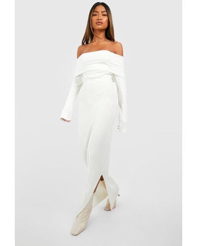 Boohoo Oversized Bardot Neckline Knitted Maxi Dress - White
