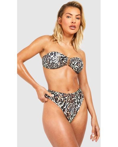 Boohoo Leopard Gold Trim High Waist Bikini Set - Multicolor