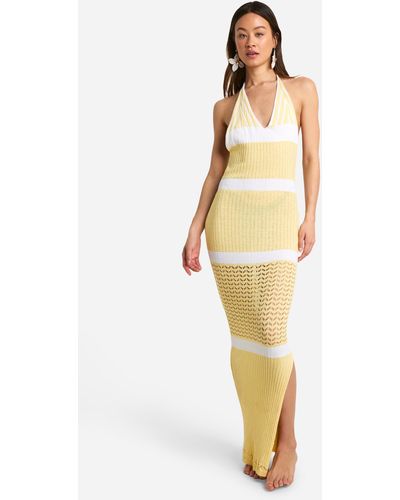 Boohoo Tall Crochet Beach Halterneck Stripe Maxi Dress - Metallic