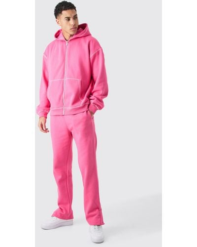 BoohooMAN Oversized Contrast Stitch Zip Through Hooded Tracksuit - Pink