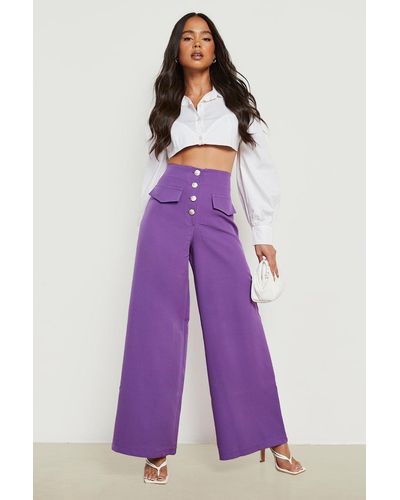 Boohoo Petite Metal Button Wide Leg Trouser - Purple