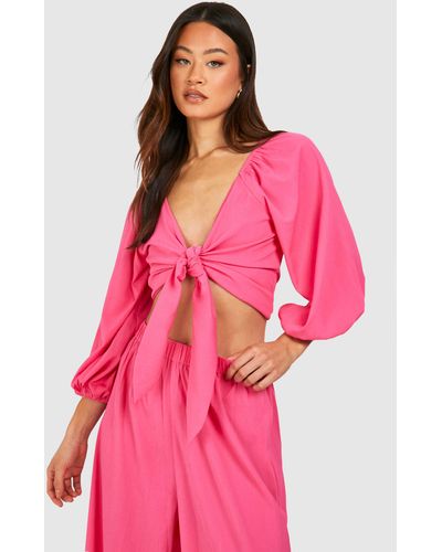 Boohoo Tall Beach Crinkle Tie Front Shirt - Pink