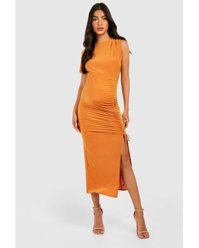 Boohoo Maternity Jersey Knit Ruched Front Midi Dress - Orange