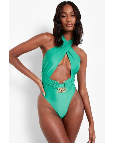 Boohoo Gold Trim Halter Cut Out Bathing Suit - Green
