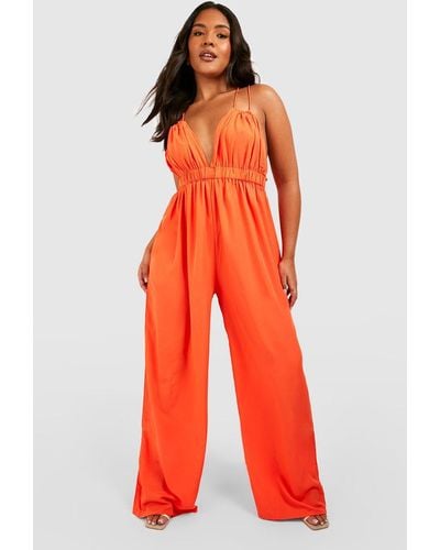 Boohoo Plus Woven Plunge Ruffle Wide Leg Jumpsuit - Red