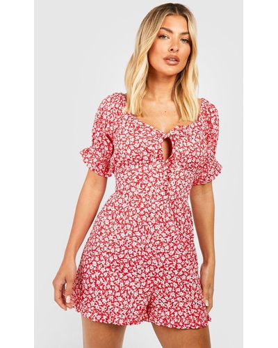 Boohoo Floral Puff Sleeve Romper - Red