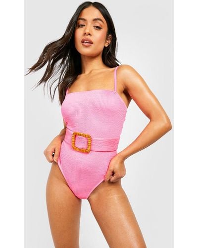 Boohoo Petite Crinkle Raffia Buckle Bathing Suit - Pink