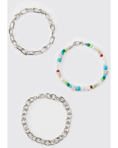 BoohooMAN 3 Pack Bead Chain Bracelets - Weiß