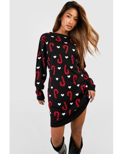 Boohoo All Over Candy Cane Christmas Sweater Dress - Black
