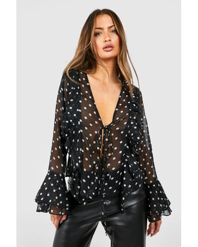 Boohoo Chiffon Polka Dot Ruffle Shirt - Negro