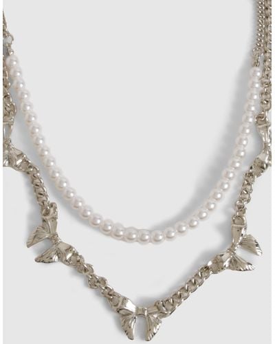Boohoo Pearl & Bow Chain Layered Necklace - White