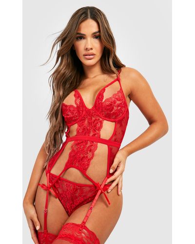Boohoo Cut Out Basque And String Set - Red