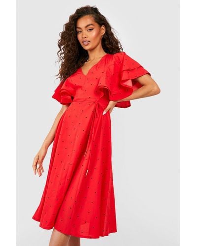 Boohoo Mini Polka Dot Ruffle Angel Sleeve Midi Dress - Red