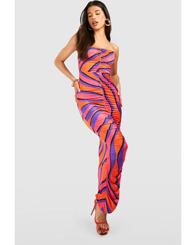 Boohoo Tall Bright Abstract Ripple Ruched Midi Dress - Red