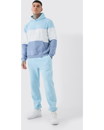 BoohooMAN Tall Color Block Hooded Tracksuit In Light Blue