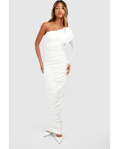 Boohoo One Shoulder Rouched Mesh Maxi Dress - White