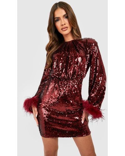 Boohoo Sequin Feather Cuff Shift Party Dress - Red