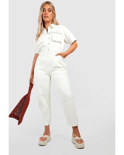 Boohoo Plus Short Sleeve Belted Tapered Cargo Denim Boilersuit - White