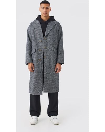 BoohooMAN Wool Look Overcoat With Metal Clasp - Gray