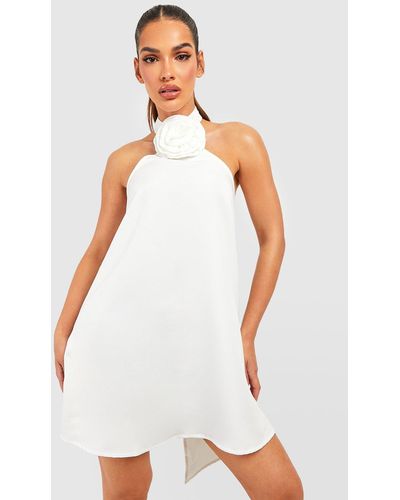 Boohoo Rose Detail Halter Mini Dress - White