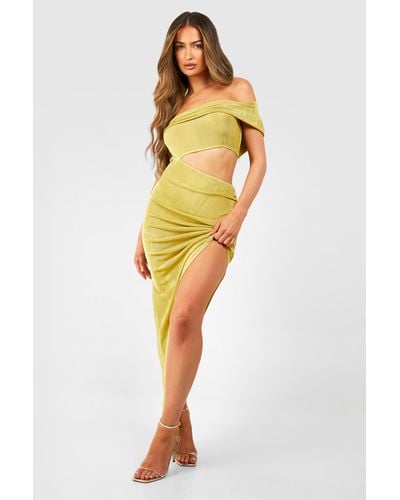 Boohoo Bardot Cut Out Ruched Acetate Slinky Split Leg Maxi Dress - Yellow