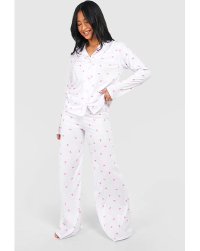 Boohoo Petite Bow Print Pyjama Set - White