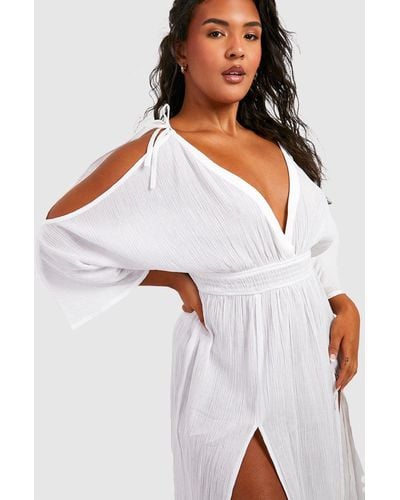 Boohoo Plus Cheesecloth Cold Shoulder Maxi Beach Dress - White