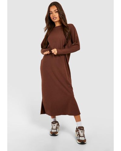 Boohoo Oversized Long Sleeve Midaxi T-shirt Dress - Brown