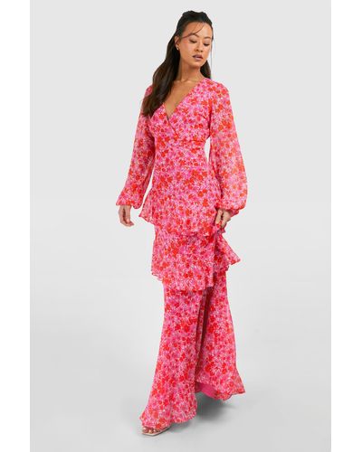 Boohoo Tall Woven Floral Wrap Tiered Maxi Dress