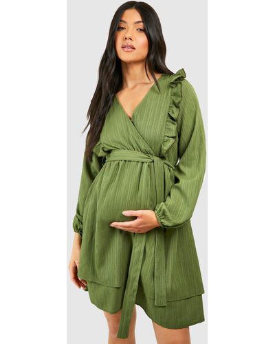 Boohoo Maternity Textured V Neck Belted Skater Dress - Green