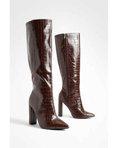 Boohoo Wide Fit Pointed Toe Croc Knee High Boot - Brown