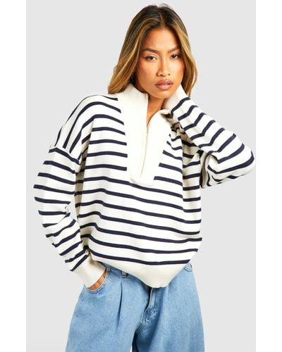 Boohoo Half Zip Stripe Sweater - White