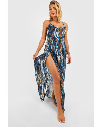 Boohoo Tie Dye Strappy Split Beach Maxi Dress - Blue