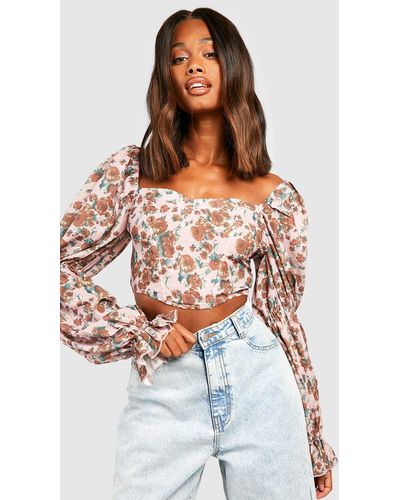 Boohoo Floral Rouche Sleeve Corset Top - Pink
