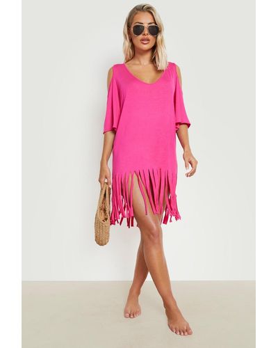 Boohoo Cold Shoulder Cut Out Tassel Beach Dress - Pink