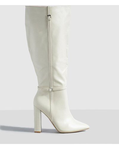 Boohoo Wide Fit Block Heel Pointed Toe Knee High Boots - White