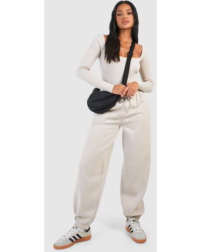 Boohoo Ribbed Square Neck One Piece And Jogger Set - Natural
