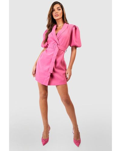 Boohoo Puff Sleeve Belted Blazer Dress - Pink