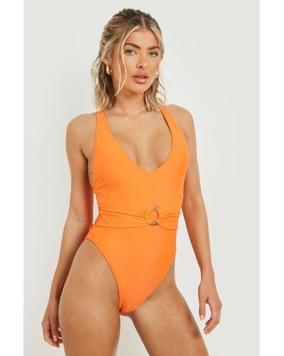 Boohoo Wooden O-ring Belted Bathing Suit - Orange