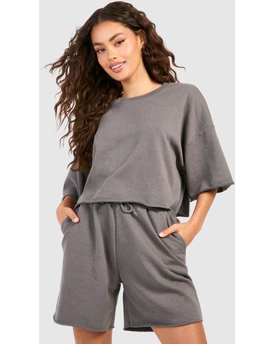 Boohoo Short Sleeve Crop Sweatshirt And Short Set - Grey