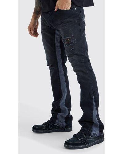 BoohooMAN Slim Flare Distressed Panel Jeans - Blue