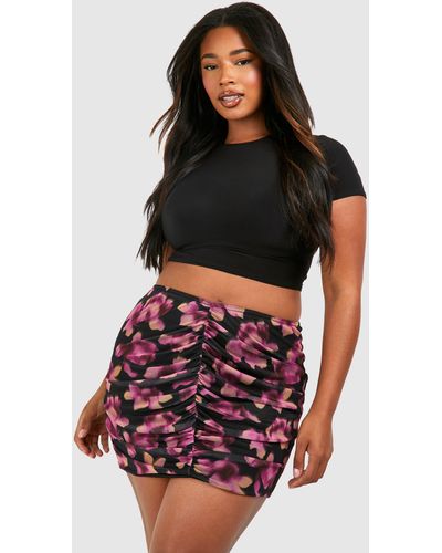 Boohoo Plus Floral Print Mesh Ruched Mini Skirt - Negro