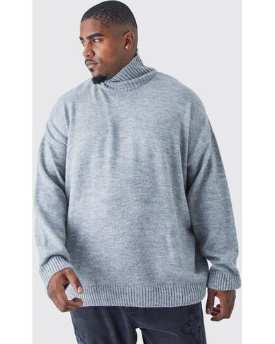 BoohooMAN Plus Oversized Funnel Neck Brushed Knit Sweater - Blue