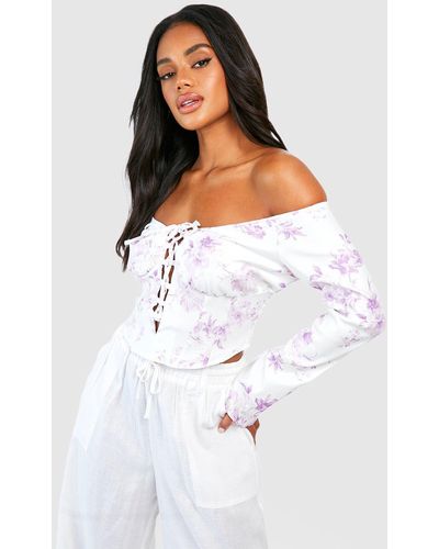 Boohoo Floral Off The Shoulder Bengaline Corset - White