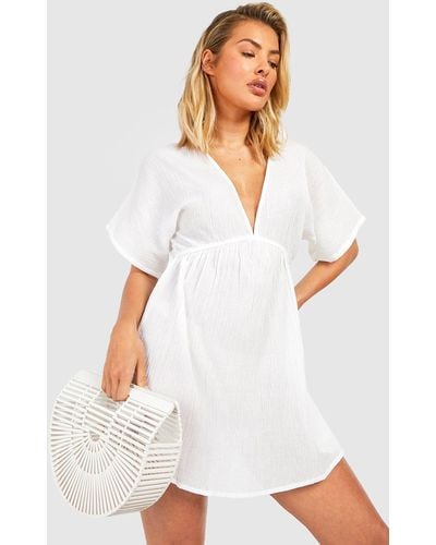 Boohoo Cotton Flutter Sleeves Plunge Beach Dress - White