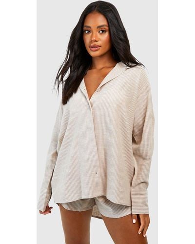Boohoo Cotton Tonal Pinstripe Oversized Pajama Shirt - White