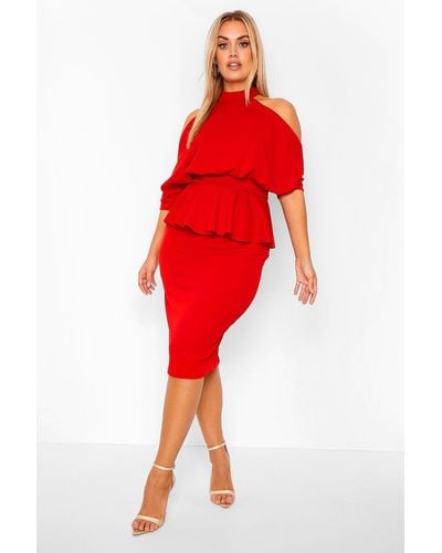Boohoo Plus Open Shoulder Peplum Midi Dress - Red
